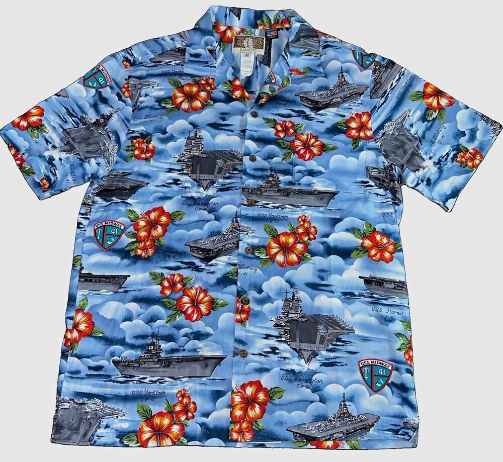 Kalaheo Hawaiian Shirt Mens M USS Midway WWII Aircraft Carrier Navy Floral USA